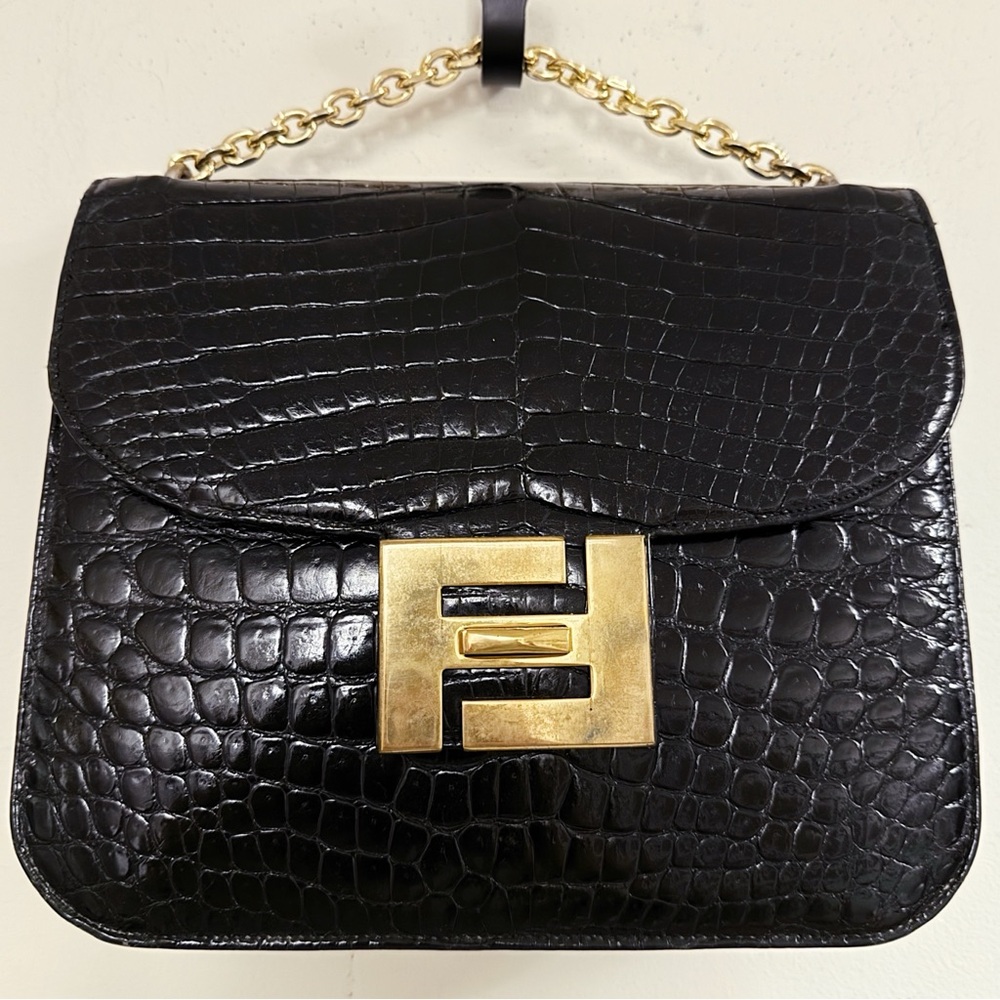 Fendi Black Exotic Crocodile Skin Gold FF Logo Top Handle Bag